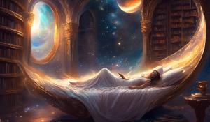 Fantasy female curved bodily nebular bed scattered library: illustrating many magical worlds.