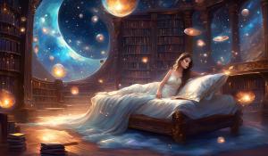 Fantasy female curved bodily nebular bed scattered library: illustrating many magical worlds.