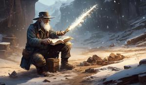 Old man gunslinger miner shuvel split stabbing book, x mark on ground,floating iced font:Digger69m