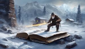 Old man gunslinger miner shuvel split stabbing book, x mark on ground,floating iced font:Digger69m