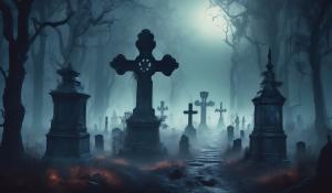 Graveyard with demons walking and ghosts inside a misty dark forest