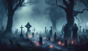 Graveyard with demons walking and ghosts inside a misty dark forest