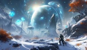 Warframe: Destiny: halo : Ark: Dinosaurs: Fish: Snowy: fall: swivel stair valley path: Nebular bubbles: Soldiers fighting: Heroine women camoed in skelatal bone land scape   