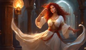 Curvy fantasy heroine explores a vault.  Magic sword, oil lamp in hand, lots of magical jewelry, thin cotton shirt, wide bodice belt, long traditional skirt, long red curls