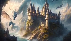 Big castle and realistic dragons. Add large text on it: Cores