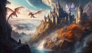 Big castle and realistic dragons. Add large text on it: Cores