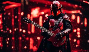 Red and black Mandalorian playing electric guitar