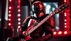 Red and black Mandalorian playing electric guitar