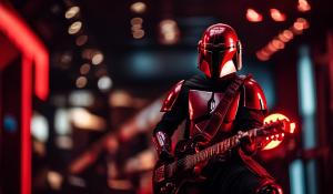 Red and black Mandalorian playing electric guitar