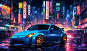 1990s animeDistorted colorNissan 350z Night cityCyberpunk