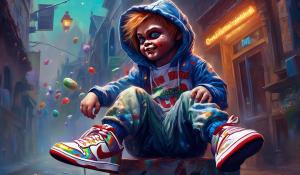 Chucky wearing nike dunk in the hood selling drugs