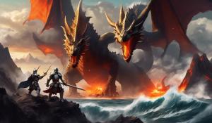 A knight fighting a dragon near a volcano overlooking the ocean.