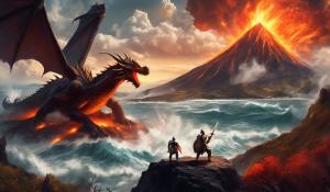 A knight fighting a dragon near a volcano overlooking the ocean.