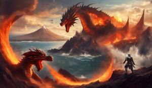 A knight fighting a dragon near a volcano overlooking the ocean.