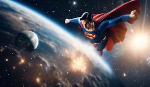 Superman flying hypersonic in outer space with the sun, the moon and planet Earth in the background exploding