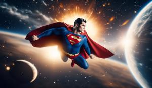 Superman flying hypersonic in outer space with the sun, the moon and planet Earth in the background exploding