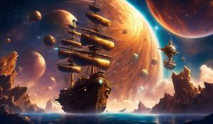 Treasure planet with ship in a space world and best sky 