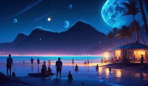 Humans in new space world in beach and relaxed by night