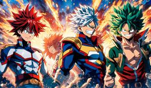 very detailed 4k HD landscape of Shoto Todoroki, Izuku Midoriya, All Might and Katsuki Bakugo