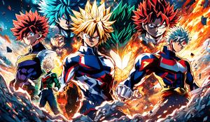 very detailed 4k HD landscape of Shoto Todoroki, Izuku Midoriya, All Might and Katsuki Bakugo