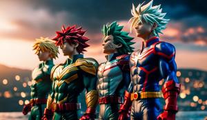  4k Realistic  HD landscape of Shoto Todoroki, Izuku Midoriya, All Might and Katsuki Bakugo