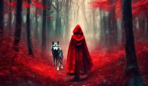 Little red riding hood and a wolf in a distant forest