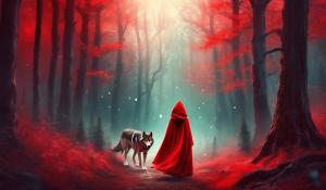 Little red riding hood and a wolf in a distant forest