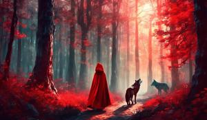 Little red riding hood and a wolf in a distant forest