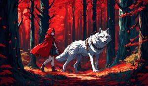 Isekai little red riding hood and a wolf in a distant forest