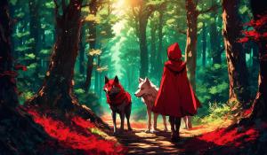 Isekai little red riding hood and a wolf in a distant forest