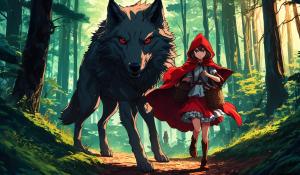 Isekai little red riding hood riding a wolf in a distant forest