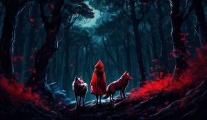 Isekai little red riding hood and a singular wolf in a distant dark forest