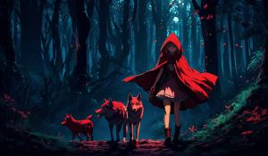 Isekai little red riding hood and a singular wolf in a distant dark forest