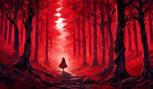 Isekai little red riding hood in a distant dark red forest