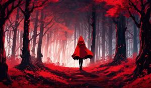 Isekai little red riding hood in a distant dark red forest