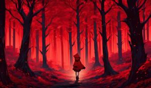 Isekai little red riding hood in a distant dark red forest