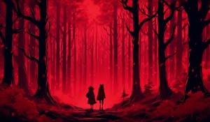 Isekai little red riding hood and the big bad wolf in a distant dark red forest