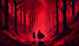 Isekai little red riding hood and the big bad wolf in a distant dark red forest