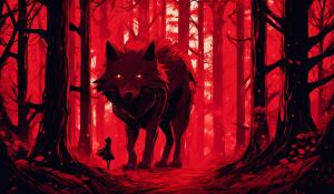 Isekai little red riding hood and the big bad wolf in a distant dark red forest