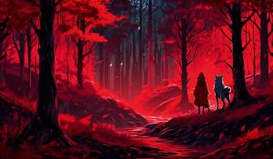 Isekai little red riding hood and the big bad wolf in a distant dark red forest