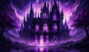 Gothic black castle with purple stained glass