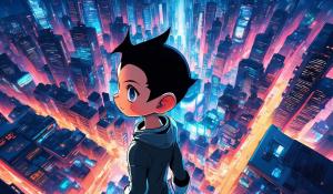 Astro boy in a simple cyber city 