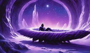 create Condor Man super hero from the 1980s awaking from deep sleep from a large glowing purple ice chamber. withe large silver and purple trim Condor shaped space craft in the background.