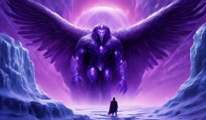 create Condor Man super hero from the 1980s awaking from deep sleep from a large glowing purple ice chamber. withe large silver and purple trim Condor shaped space craft in the background.