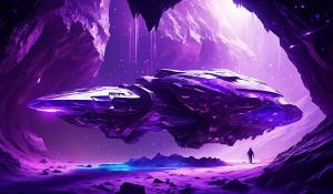 Purple and chrome Condor space craft inside a large cave that has purple ice diamonds, with hole in ceiling of cave letting light in from outside sun beams land on Condor Space craft.