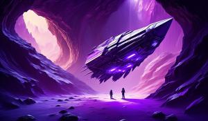 Purple and chrome Condor space craft inside a large cave that has purple ice diamonds, with hole in ceiling of cave letting light in from outside sun beams land on Condor Space craft.