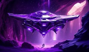 Purple and chrome Condor space craft inside a large cave that has purple ice diamonds, with hole in ceiling of cave letting light in from outside sun beams land on Condor Space craft.