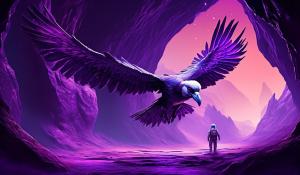 chrome and purple large Condor Bird Space craft, landing inside giant cave 