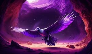 chrome and purple large Condor Bird Space craft, landing inside giant cave 