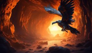 Large condor bird robot hi-tech flying out of cave at sun rise.